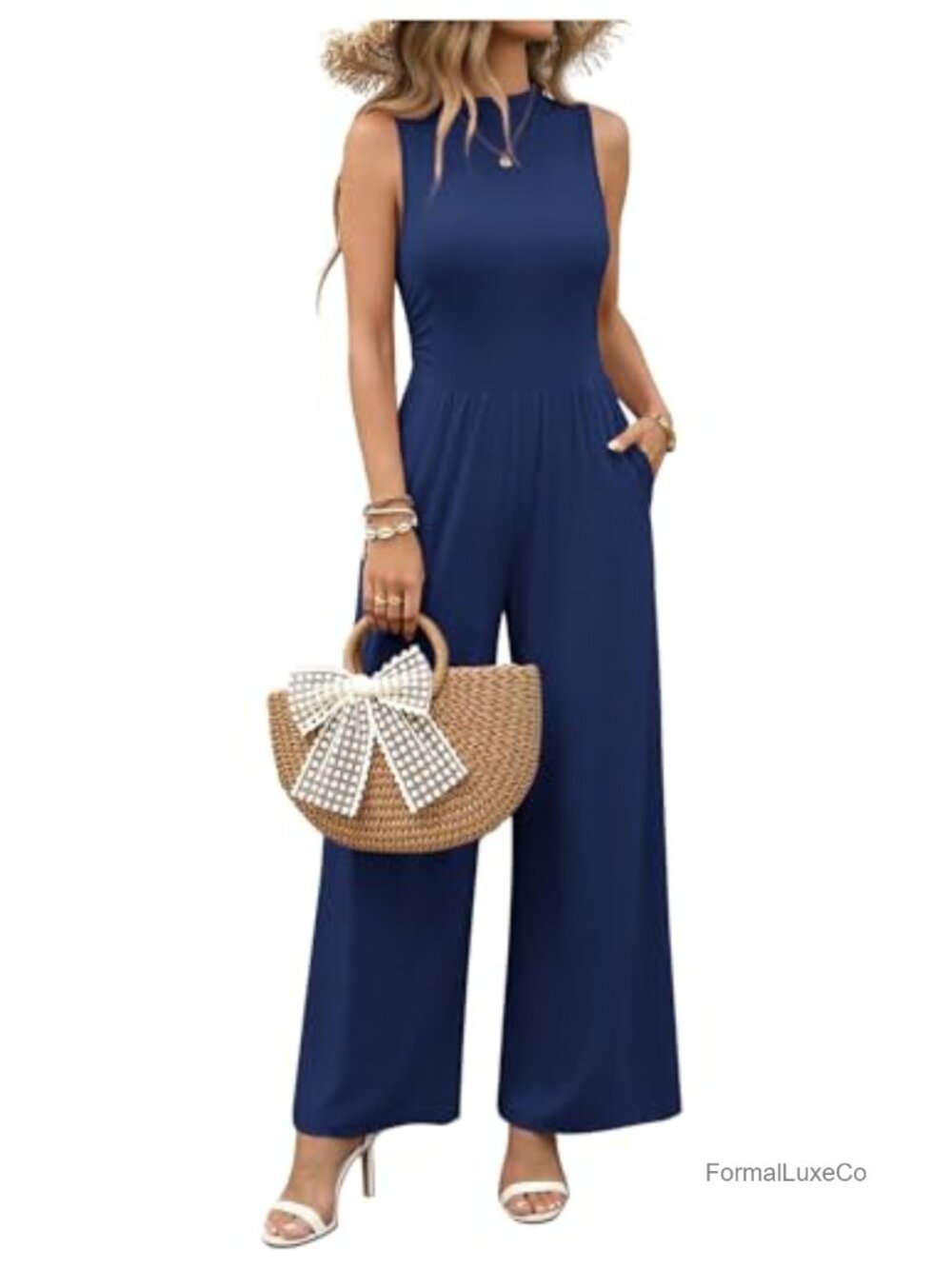 Ribbed Knit Sleeveless Mock Neck Wide Leg Jumpsuit with Pockets